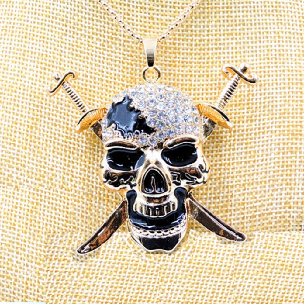 Enamel Crystal Skull Head With Daggers, Nuts, Bolts Chain Necklace- Halloween - Picture 3 of 7